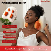 Woman using a pinch massage pillow with product details on a white background