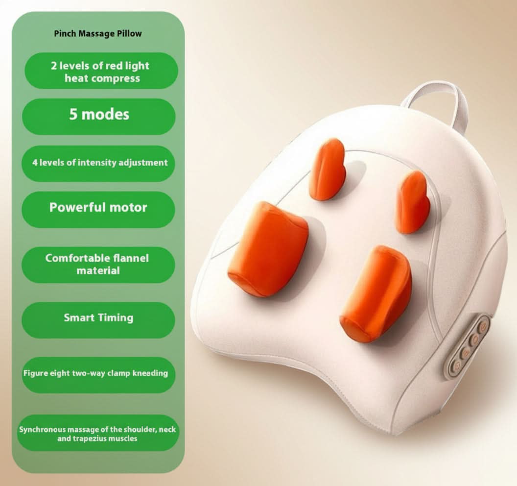 Massage pillow with orange buttons on a beige background, featuring text about its features.