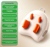 Massage pillow with orange buttons on a beige background, featuring text about its features.