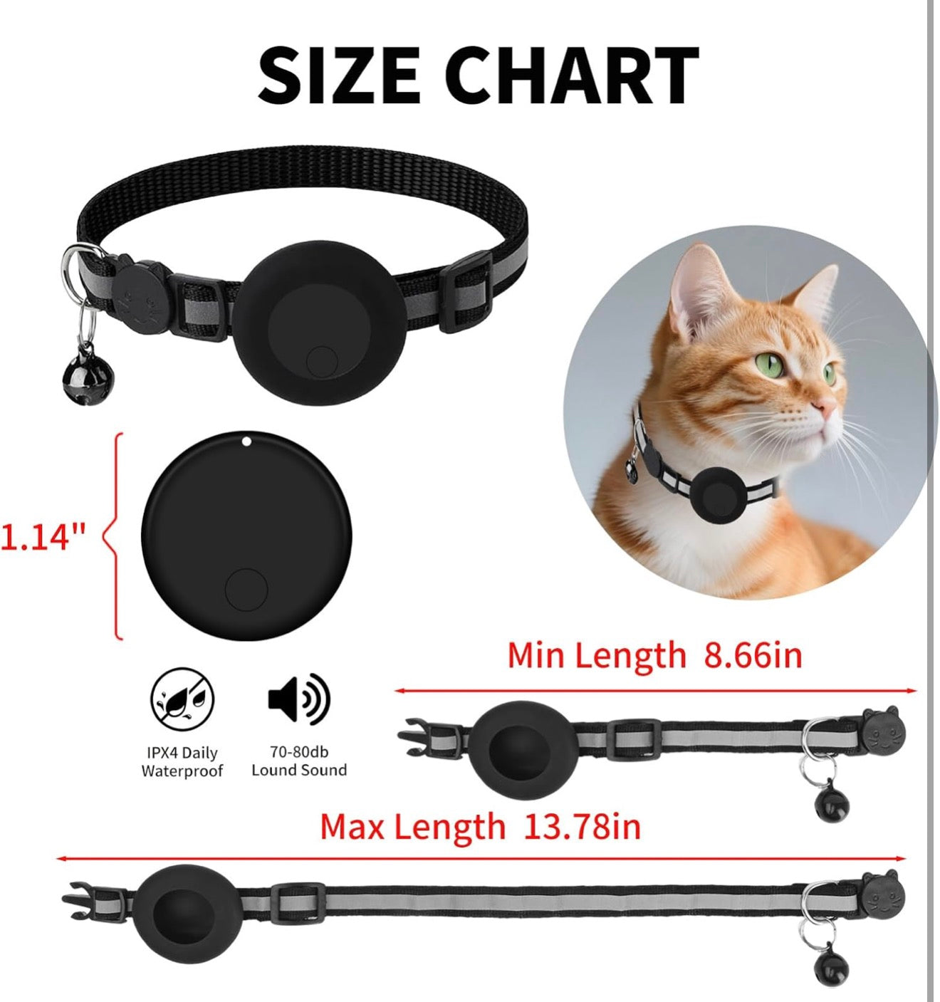 Size chart graphic for a pet collar, showing the collar and round transmitter in black, a cat wearing the collar, and dimension labels for min length 8.66 in and max length 13.