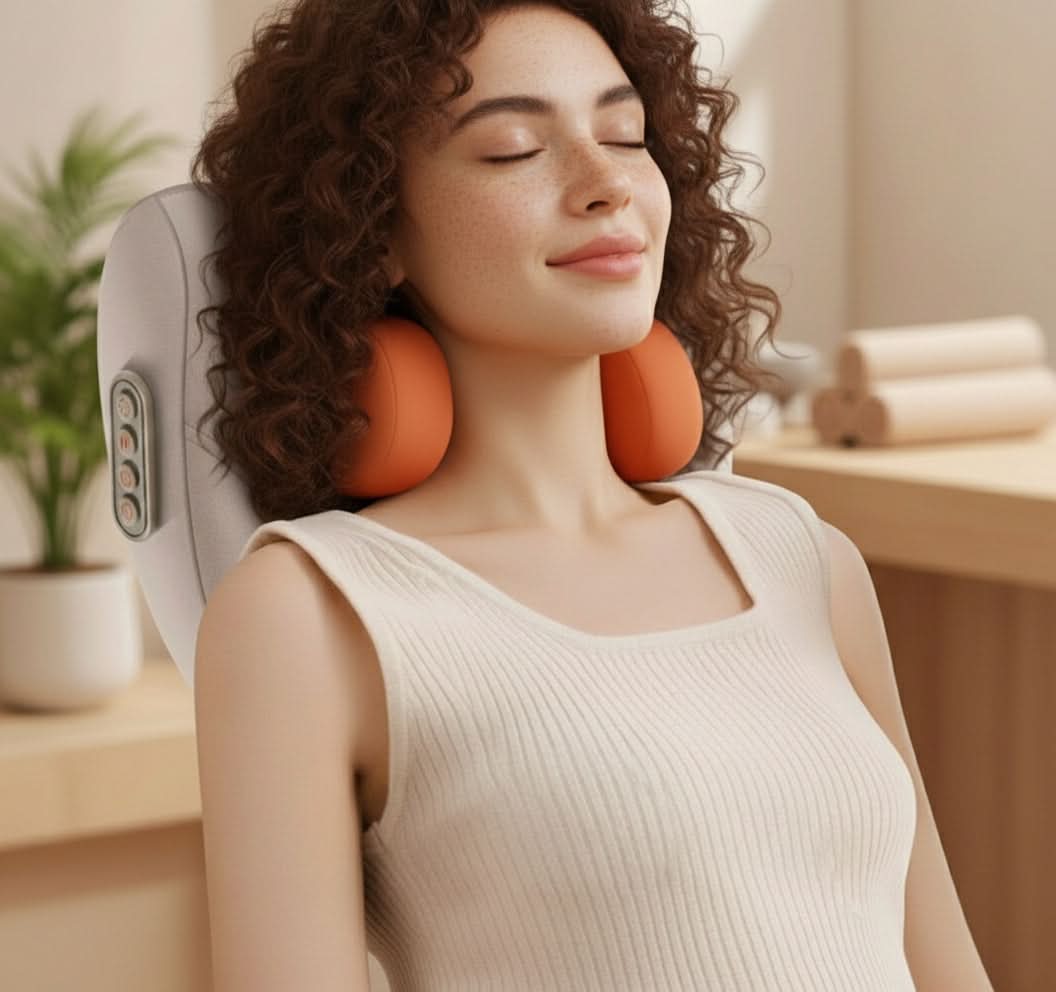 Woman using a neck and shoulder massager in a home setting