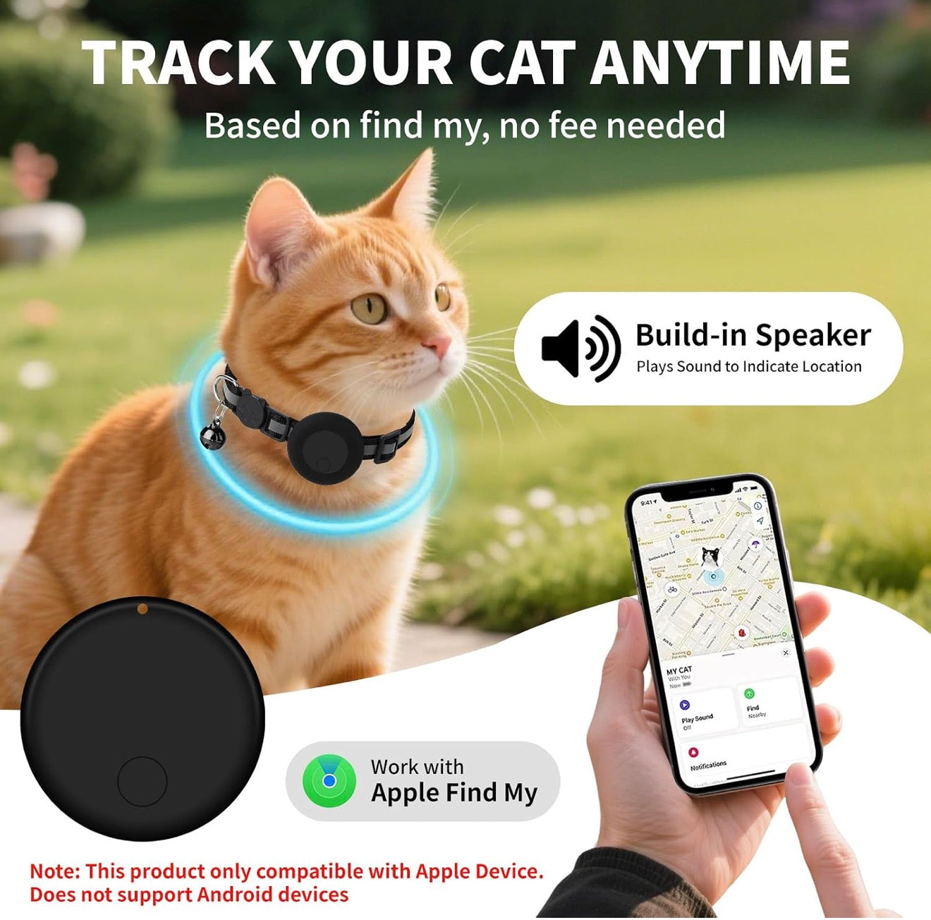 An orange cat wearing a smart pet collar in an outdoor garden setting, with promotional text and graphics showing a companion app phone screen, a circular tracker device, and a &