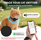 An orange cat wearing a smart pet collar in an outdoor garden setting, with promotional text and graphics showing a companion app phone screen, a circular tracker device, and a &