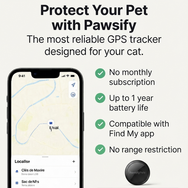 Promotional graphic for PawsifyPets GPS pet tracker, showing a smartphone mockup with a map screen, a small round black tracker device, and marketing text on a light gray background.
