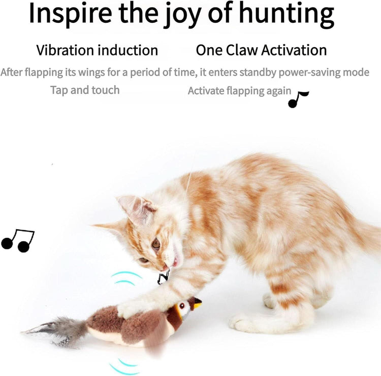 Cat playing with a toy, with text about vibration induction and one-claw activation.