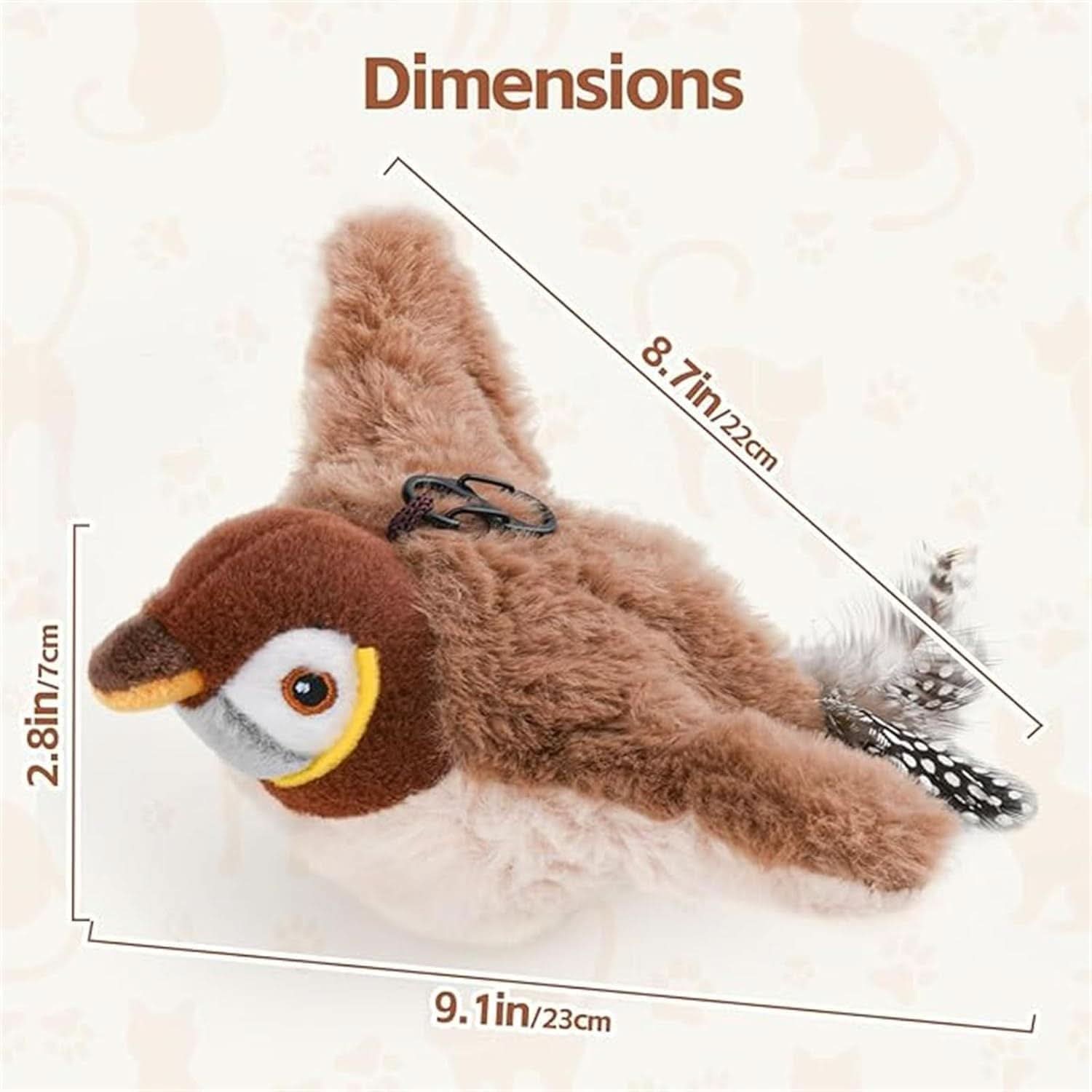 Plush penguin toy with dimensions labeled on a beige background