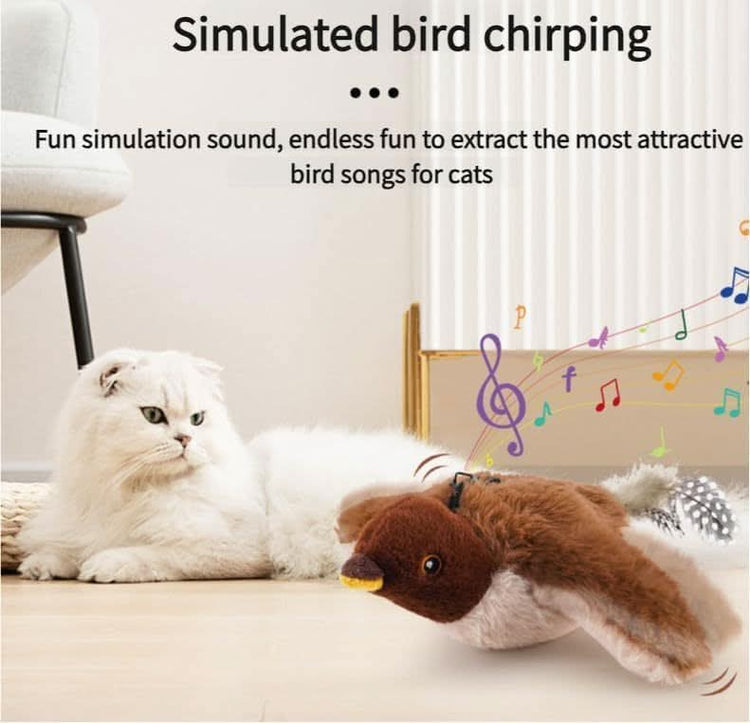 Cat sitting next to a bird-shaped toy with text about simulated bird chirping.