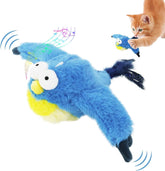 Blue parrot-shaped cat toy with a cat interacting with it on a white background