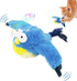 Blue parrot-shaped cat toy with a cat interacting with it on a white background