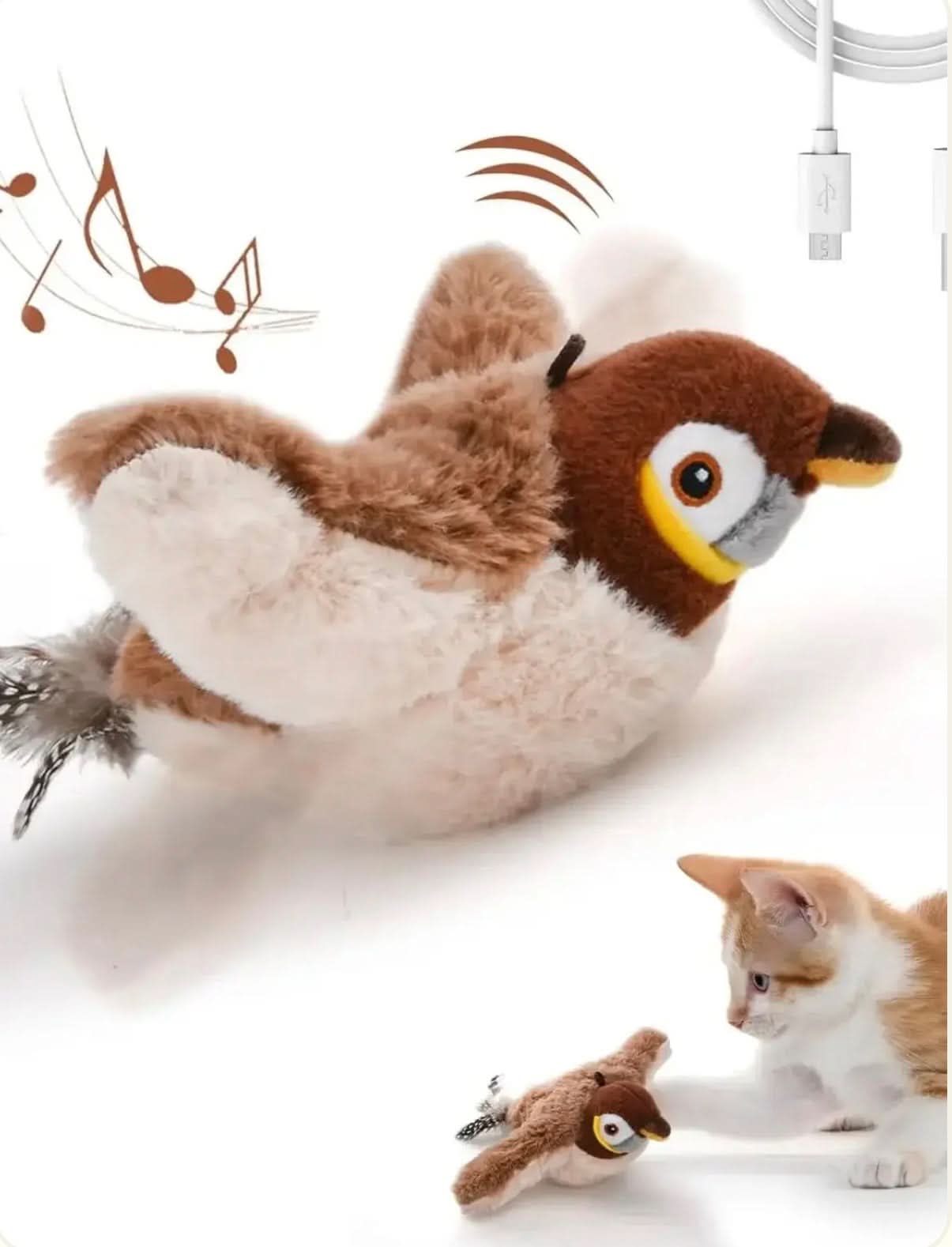 Plush toy resembling a bird with musical notes, on a white background.