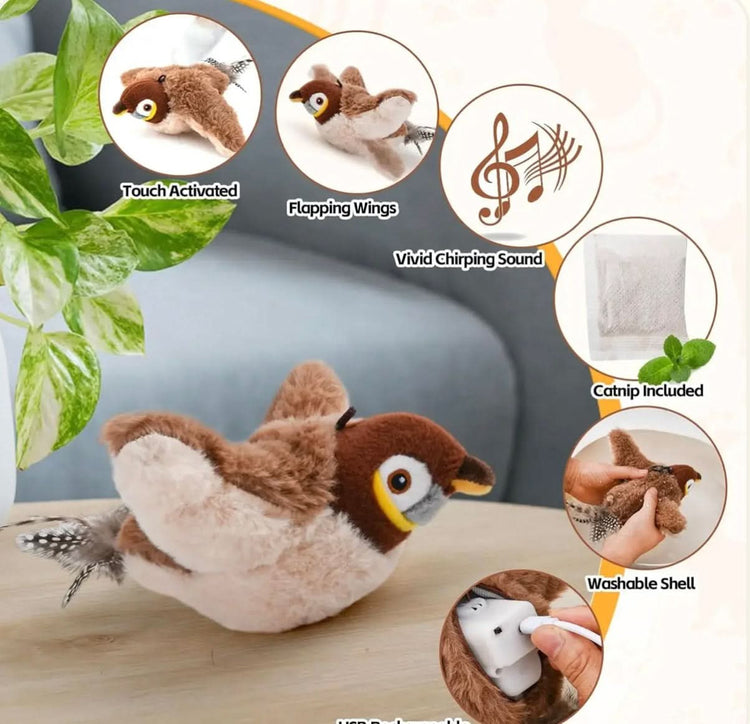 Plush bird toy with features highlighted on a white background
