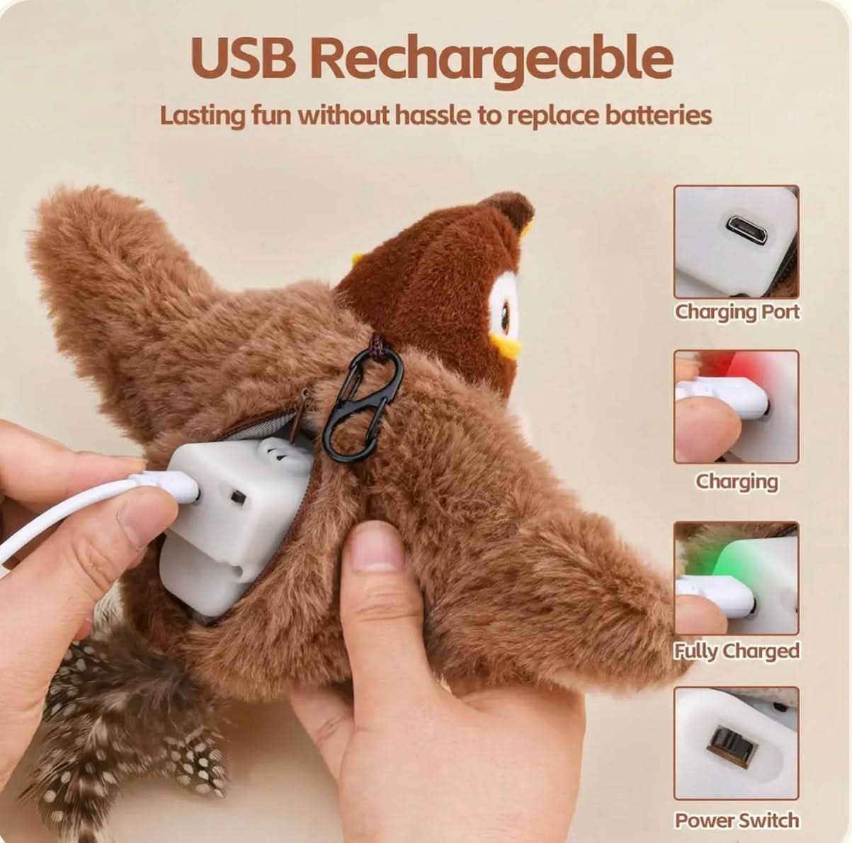 USB rechargeable toy with charging port and power switch illustration