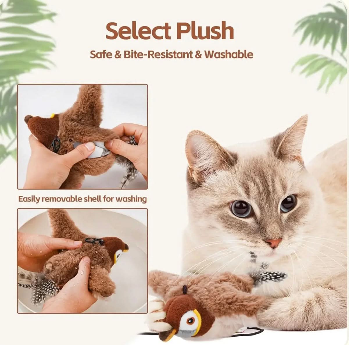 Cat playing with a plush toy, with text highlighting safety features.