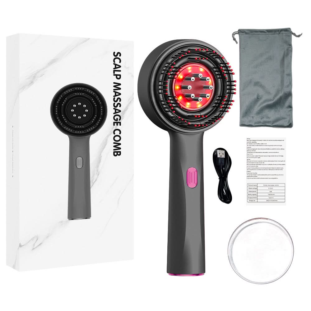 Scalp massage comb with LED lights, packaging, and accessories on a white background