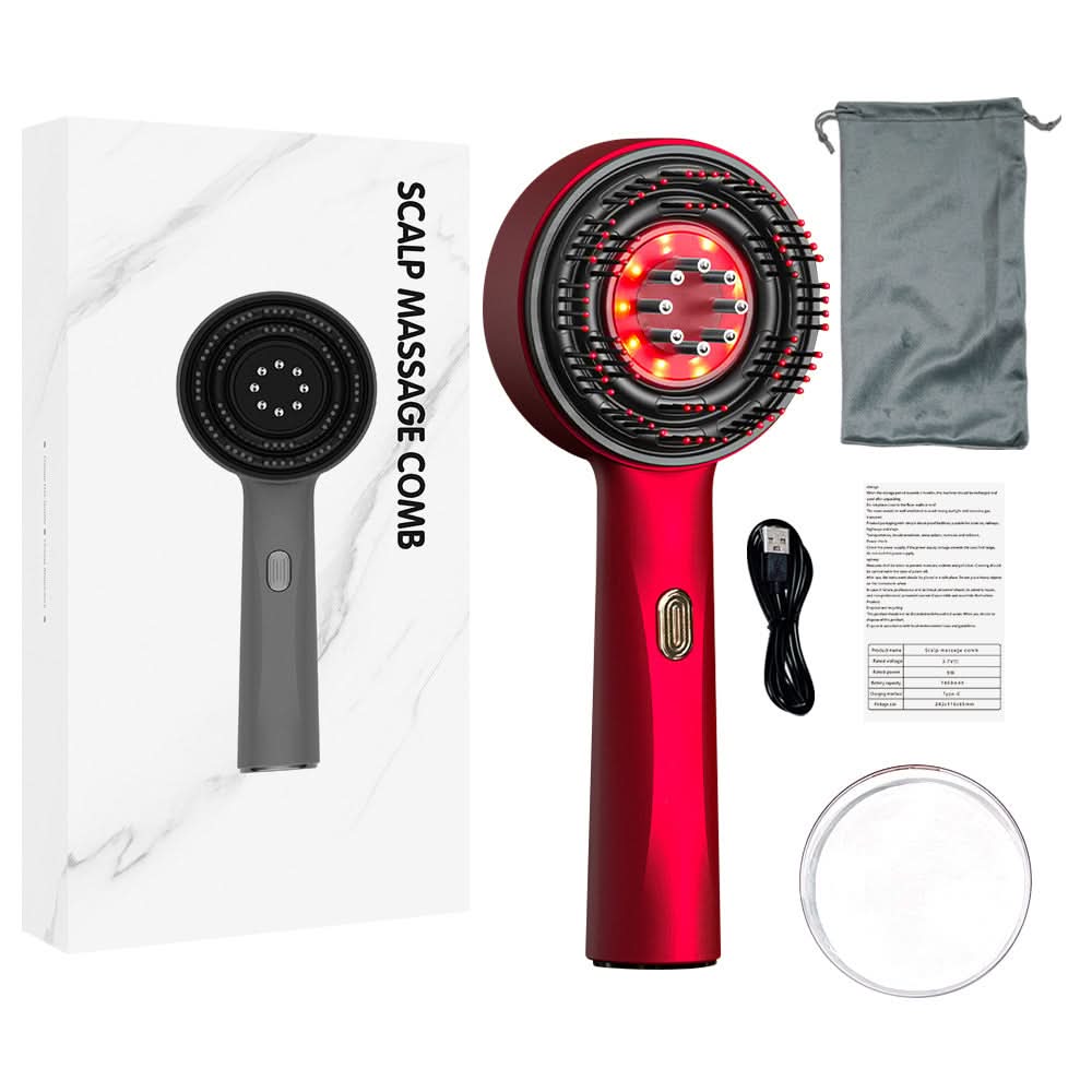 Red scalp massage comb with LED lights, packaging, and accessories on a white background