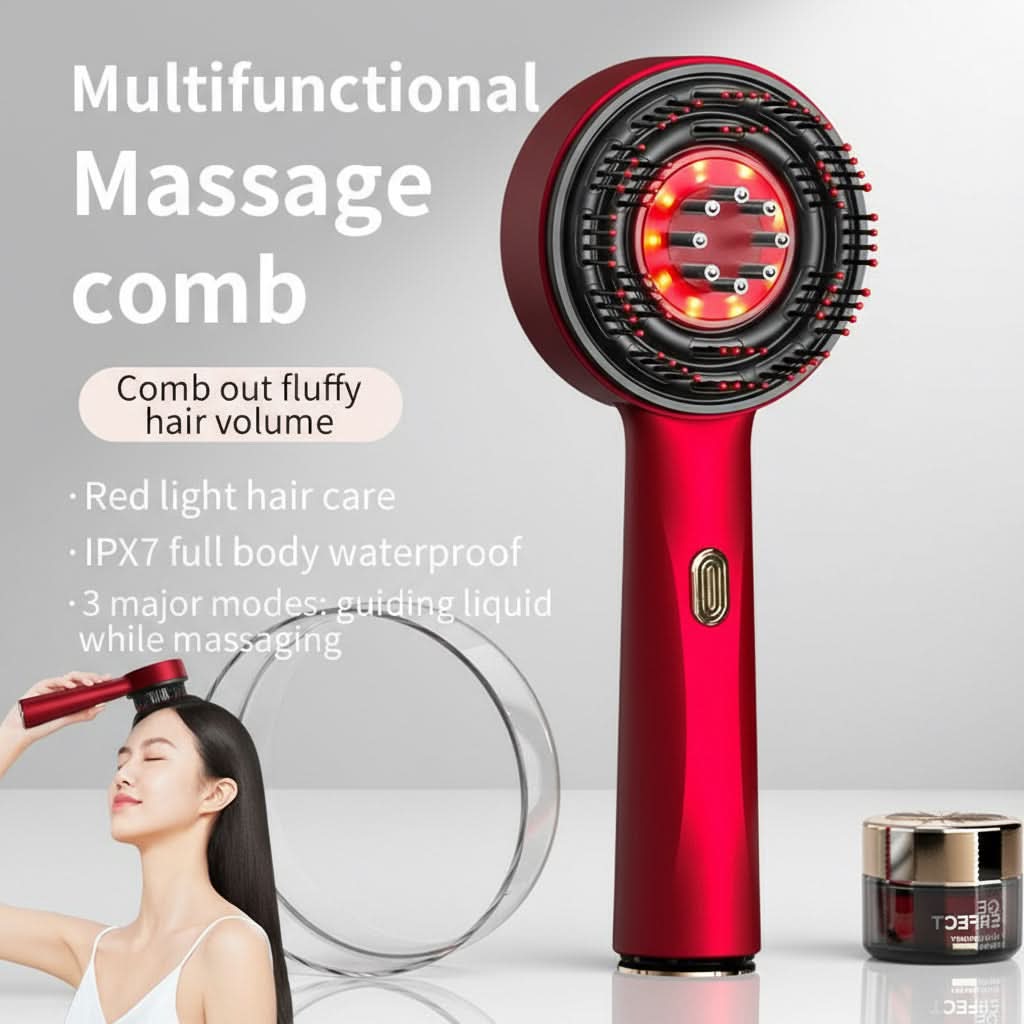 Red multifunctional massage comb with text on a dark background