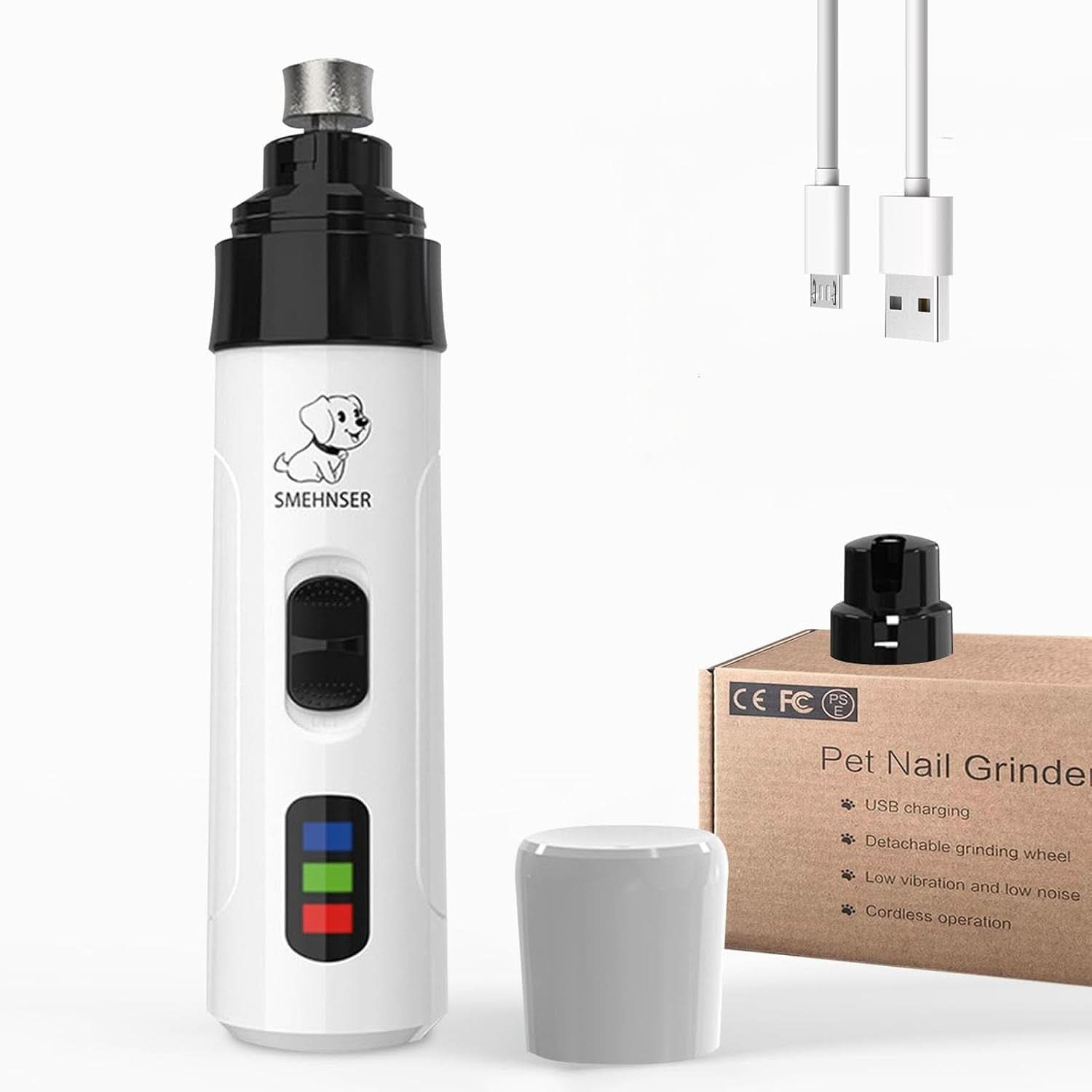 Pet nail grinder with USB cable and packaging on a white background