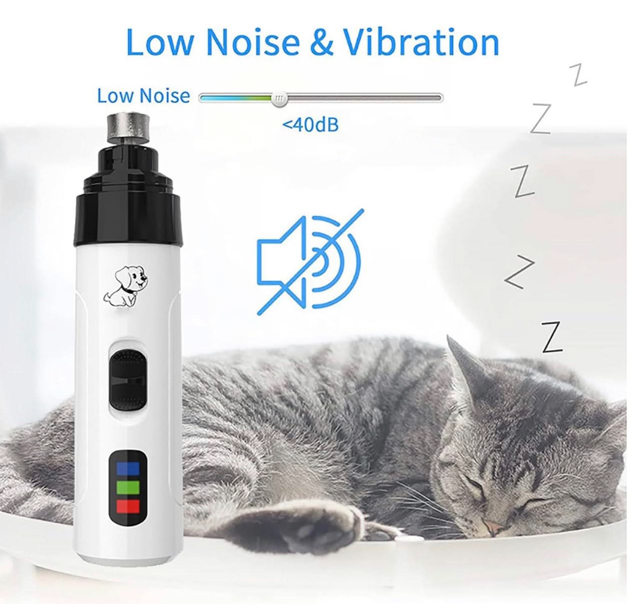 Pet grooming tool with a cat lying down, emphasizing low noise and vibration features.