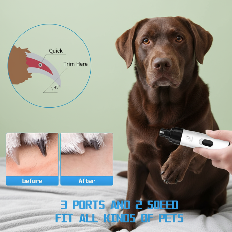Dog with a grooming tool, showing before and after effects, on a light green background.