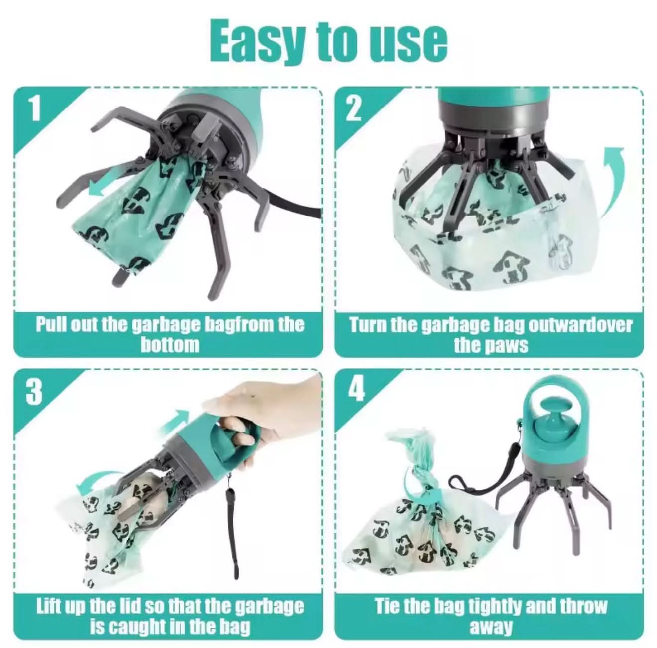 Instructions for using a pet waste bag dispenser with images and text.
