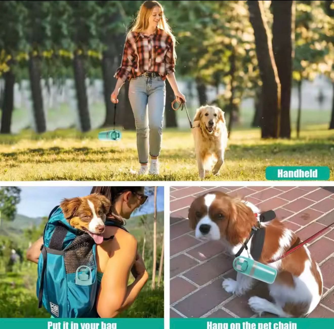 Collage of a woman walking a dog with a handheld device, a dog in a backpack, and a dog on a leash with a handheld device.