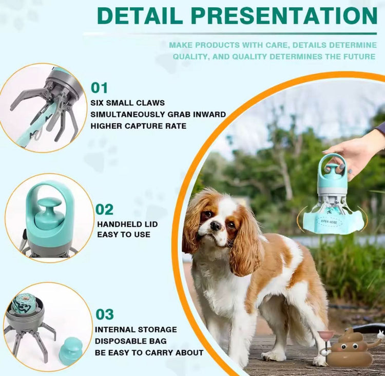 Dog waste bag dispenser with features highlighted and a dog using it outdoors.