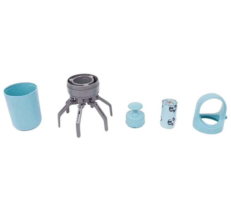 Set of camping utensils including cups and a pot on a white background with text about free garbage bags.