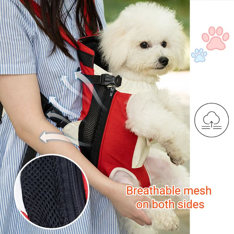 Person holding a white dog in a red and black pet carrier with breathable mesh feature highlighted.