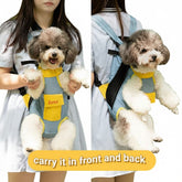Dog being carried in a front and back view using a pet carrier.