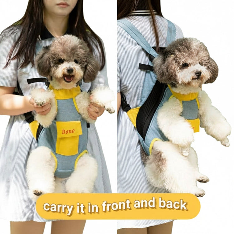 Dog being carried in a front and back view using a pet carrier.