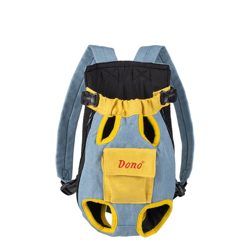 Pet carrier with denim and yellow design on a blue background