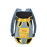 Pet carrier with denim and yellow design on a blue background