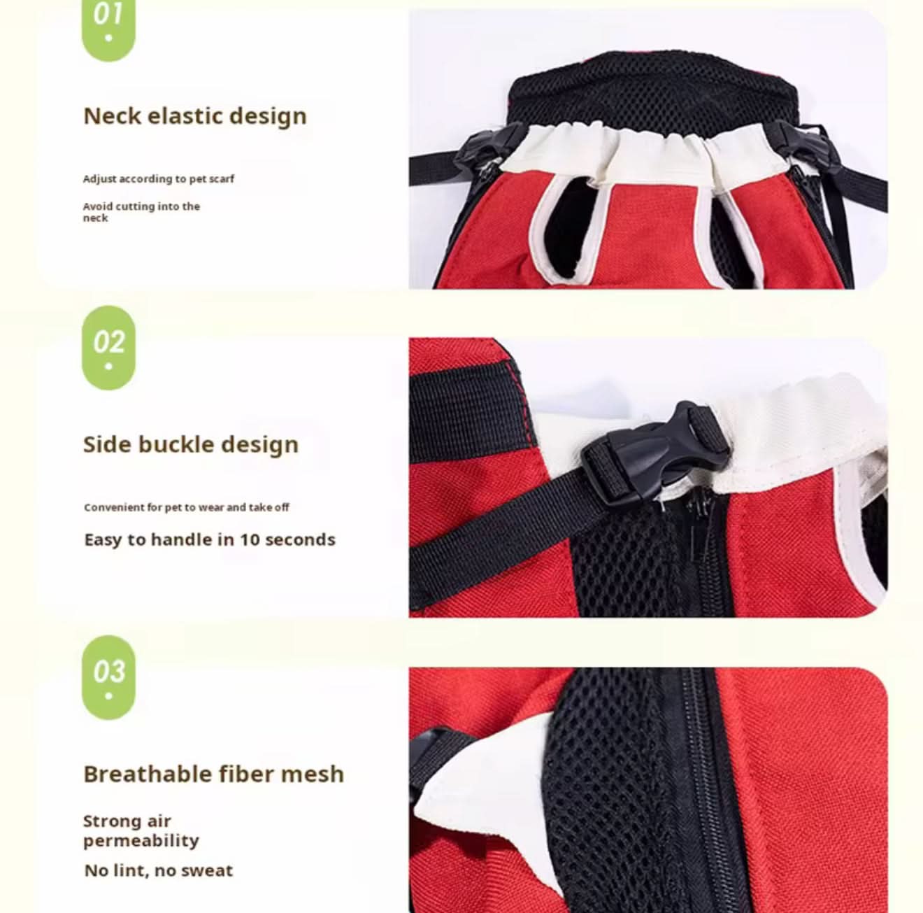 Red pet life jacket with neck elastic, side buckle, and breathable fiber mesh on a white background.