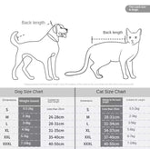 Size chart for dogs and cats with measurements and weight ranges.