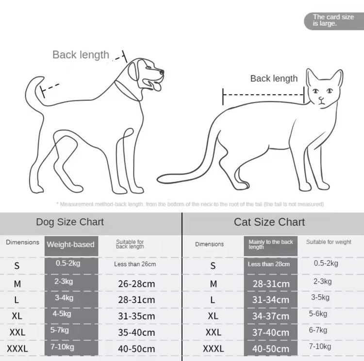 Size chart for dogs and cats with measurements and weight ranges.