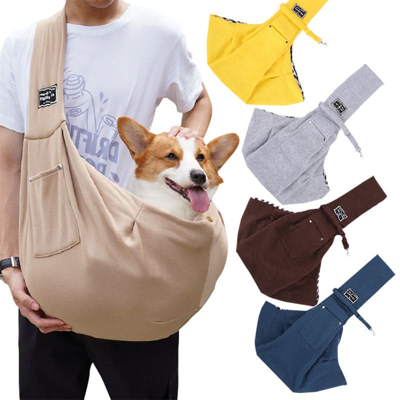 Dog in a beige sling with additional slings in different colors on a white background