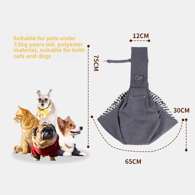 Pet sling with dimensions and compatibility information on a white background