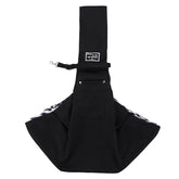 Black pet sling with a brand label on a white background
