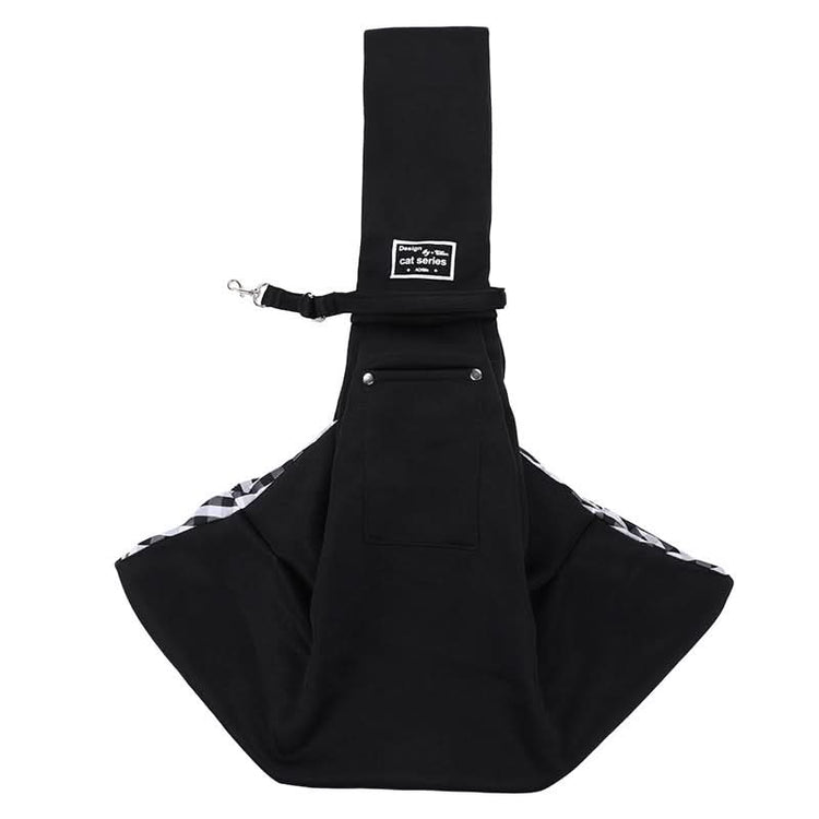 Black pet sling with a brand label on a white background