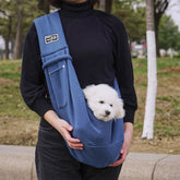 Person holding a small white dog in a blue sling outdoors.