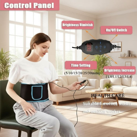 Woman using a health care device with control panel details on a neutral background