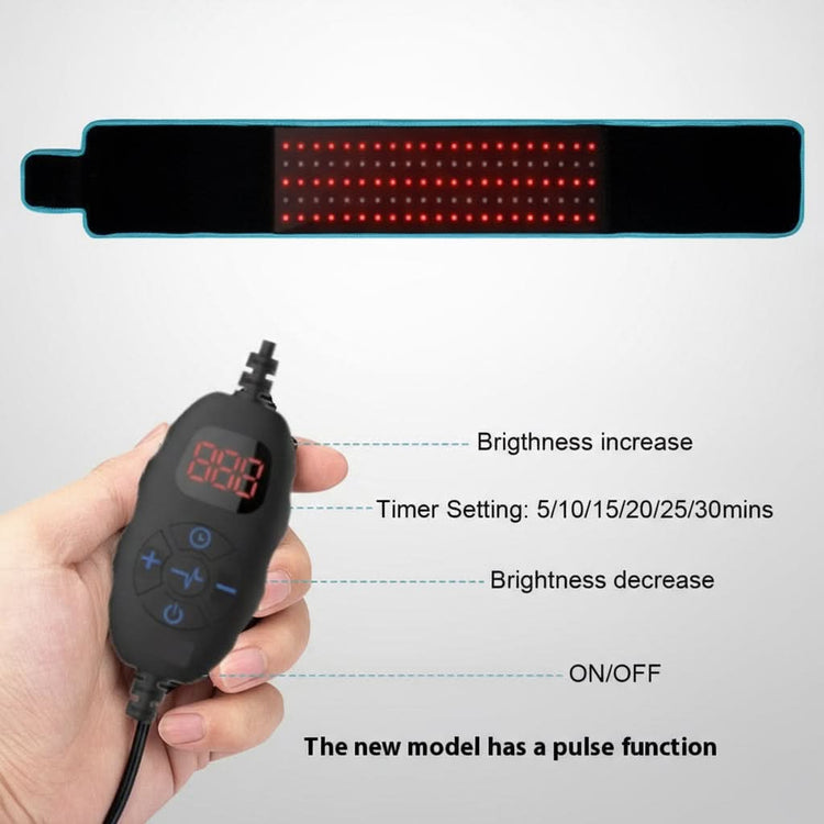 Hand holding a device with digital display and control buttons, featuring text on functions.
