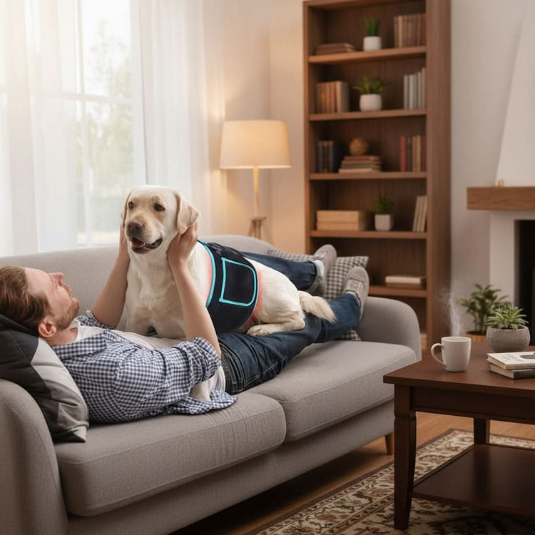 Man lying on a couch with a dog wearing a product, with text about use instructions.