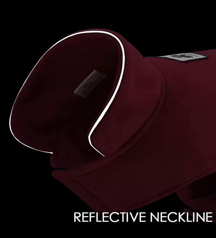 Maroon garment with reflective neckline on a black background