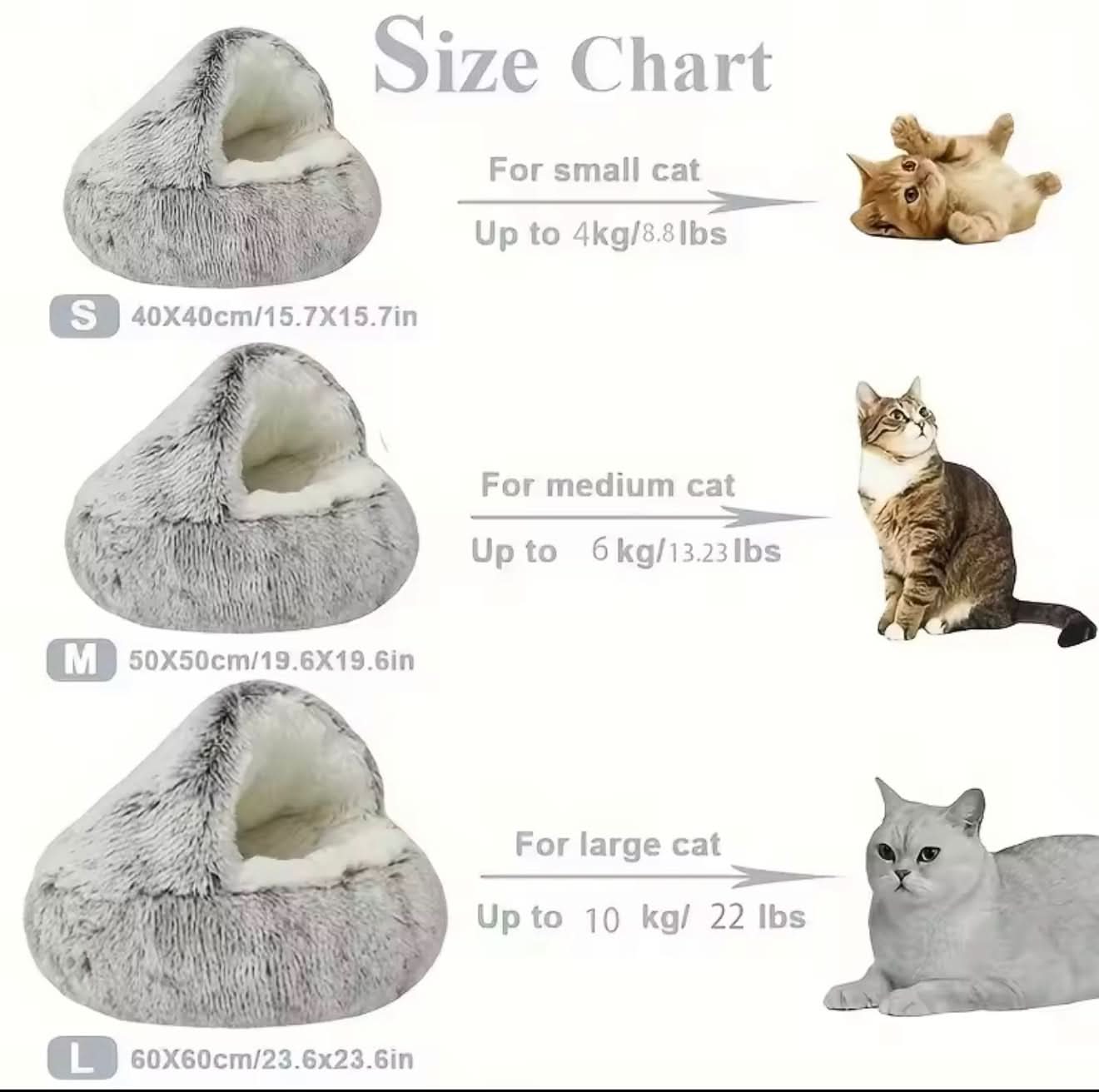 Size chart for cat beds with corresponding cat illustrations and weight ranges.