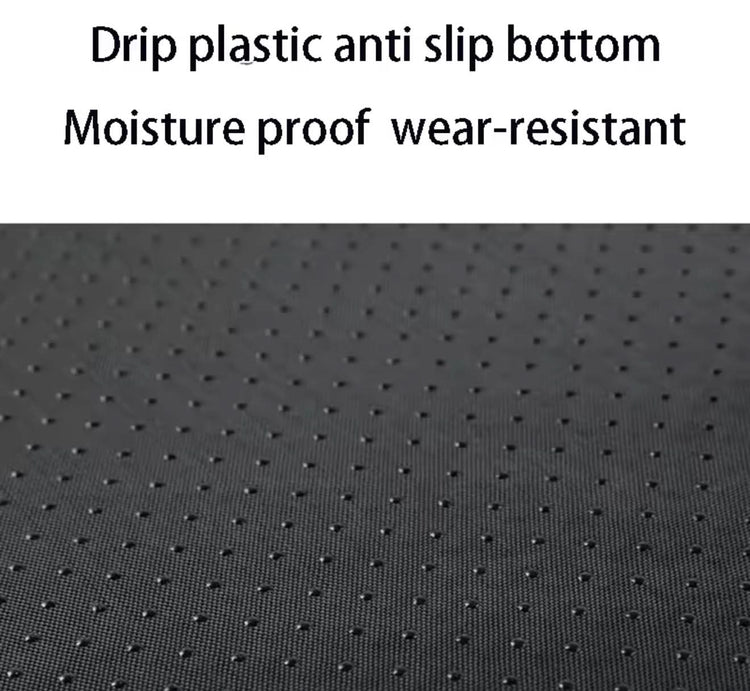 Text describing properties of a material with anti-slip and moisture-proof features, followed by a close-up of the material.