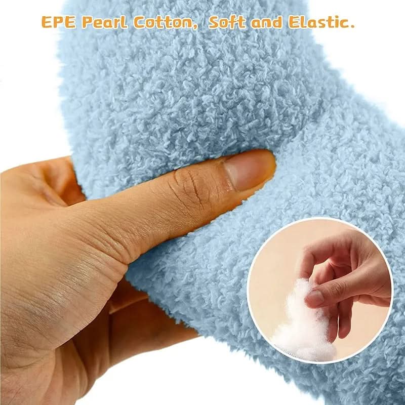 Blue EPE pearl cotton being held with a hand, showing its soft and elastic texture.