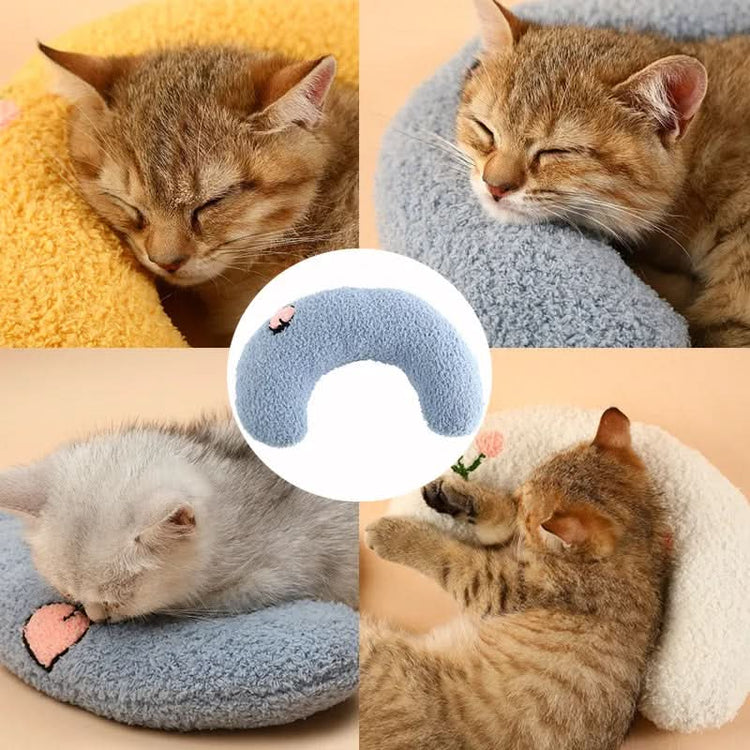Collage of cats sleeping on various soft, cushion-like products.