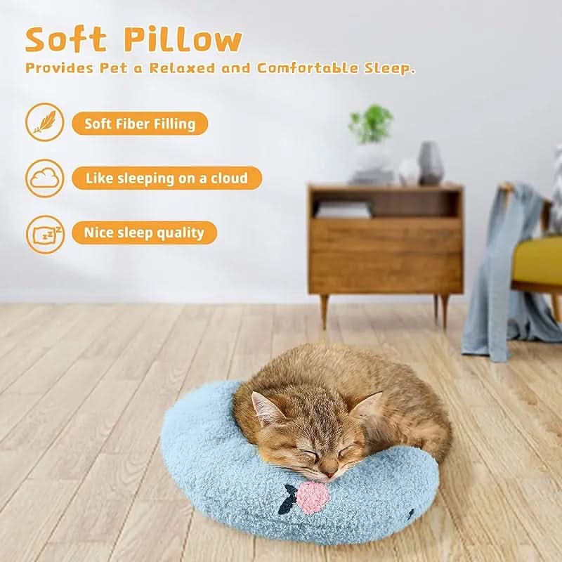 Cat sleeping on a soft pillow with product features listed above.