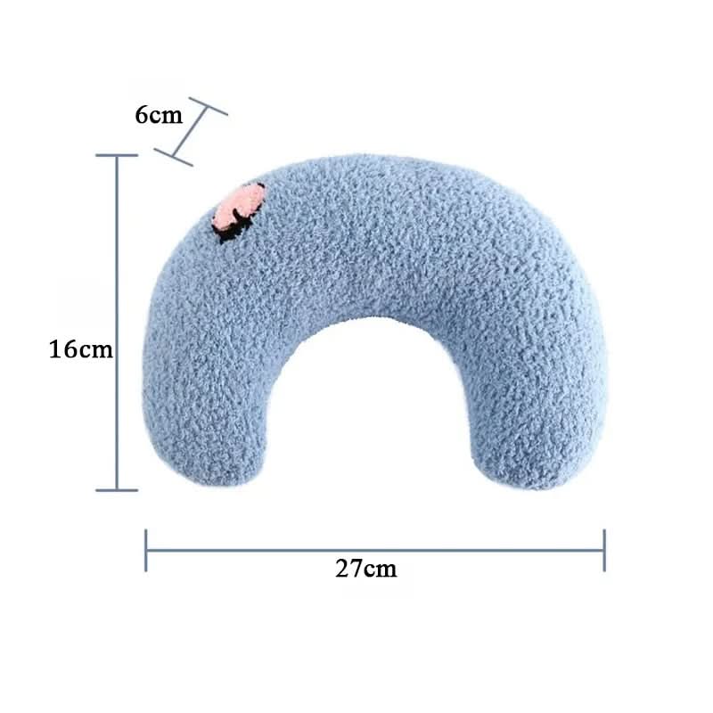 Blue neck pillow with dimensions labeled on a white background
